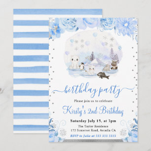 Watercolor Floral Arctic Animals Birthday Invitation