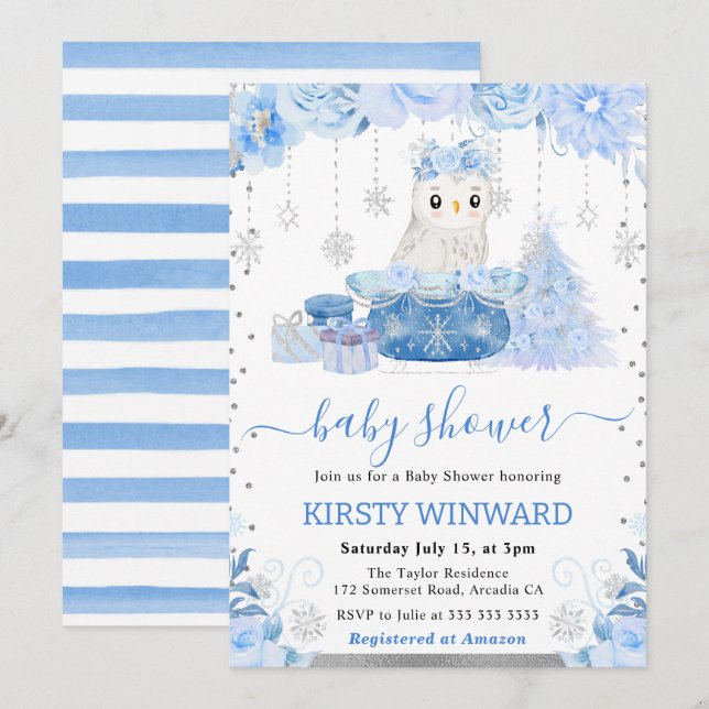 Watercolor Floral Arctic Owl Baby Shower Invitation (Front/Back)