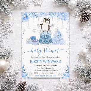 Watercolor Floral Arctic Penguin Baby Shower Invitation