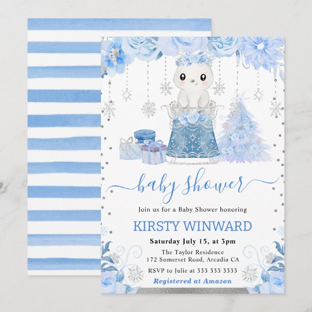 Watercolor Floral Arctic polar Bear Baby Shower Invitation (Front/Back)