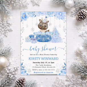 Watercolor Floral Arctic Reindeer Baby Shower Invitation