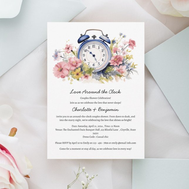 Watercolor Floral Around The Clock Couples Shower  Invitation (Creator Uploaded)