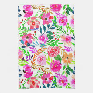 WATERCOLOR FLORAL ART DESIGN, COLORFUL FLOWERS     KITCHEN TOWEL