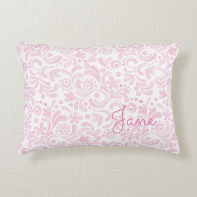 Watercolor Floral Art NAME pink white girly sweet Accent Pillow (Front)