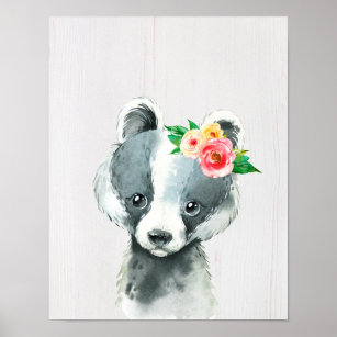 Watercolor Floral Baby Badger, Woodland Animal Poster