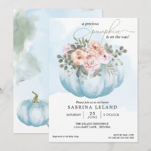Watercolor Floral Baby Blue Pumpkin Baby Shower Invitation