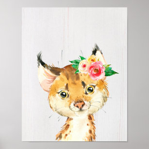 Watercolor Floral Baby Bobcat, Woodland Animals Poster