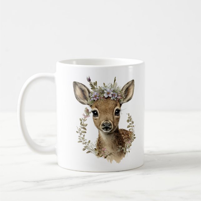 Watercolor Floral Baby Deer Cute Coffee Mug (Left)