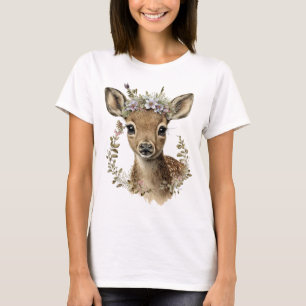 Watercolor Floral Baby Deer Cute T-Shirt