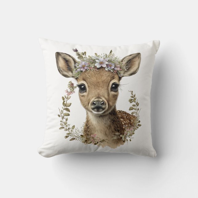 Watercolor Floral Baby Deer Cute Throw Pillow (Front)