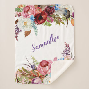 Watercolor Floral Baby Girl Name Sherpa Blanket