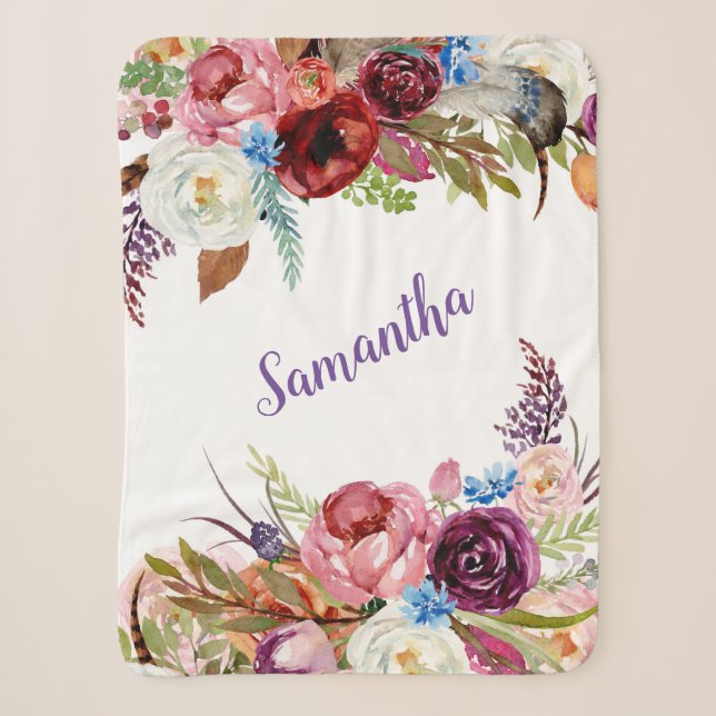 Watercolor Floral Baby Girl Name Sherpa Blanket (Front)