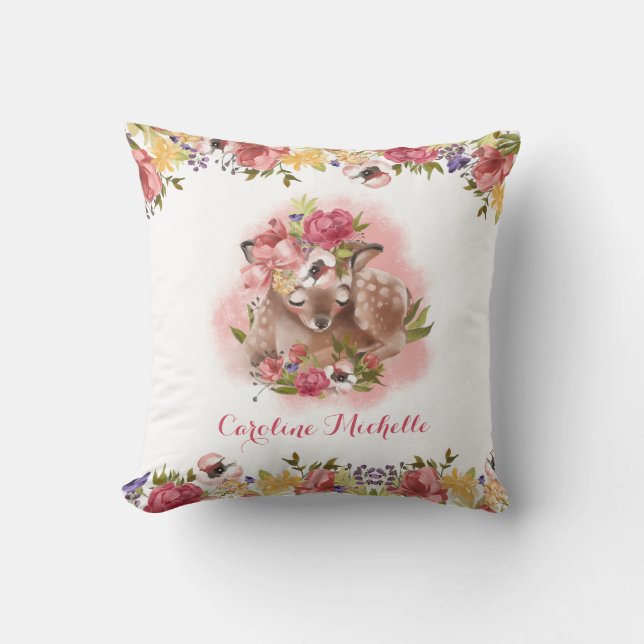 Watercolor Floral Baby Girl Personalized Throw Pillow (Front)