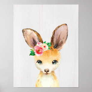 Watercolor Floral Baby Kangaroo Australian Animals Poster