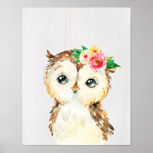Watercolor Floral Baby Owl Poster