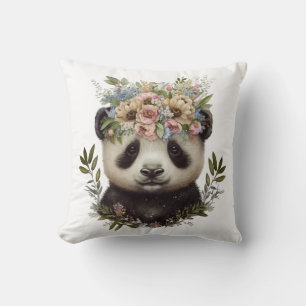 Watercolor Floral Baby Panda Cute Throw Pillow