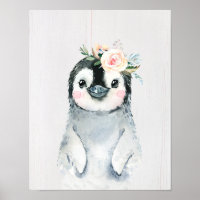 Watercolor Floral Baby Penguin, Snowy Animals
