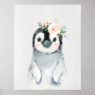 Watercolor Floral Baby Penguin, Snowy Animals Poster