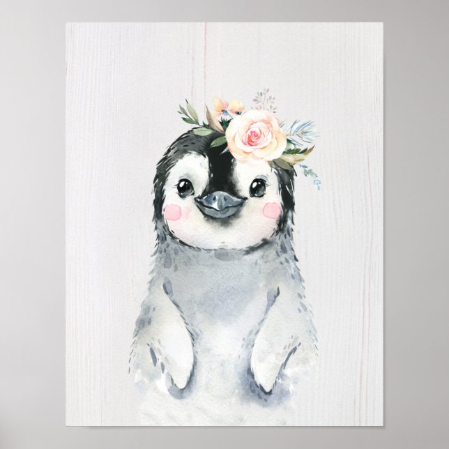 Watercolor Floral Baby Penguin, Snowy Animals Poster (Front)