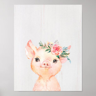 Watercolor Floral Baby Pig Poster