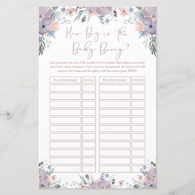 Watercolor Floral Baby Shower Bump Game Sheet (Front)