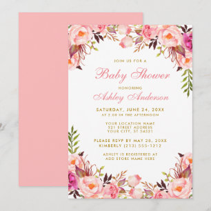Watercolor Floral Baby Shower Pink and Gold Invitation