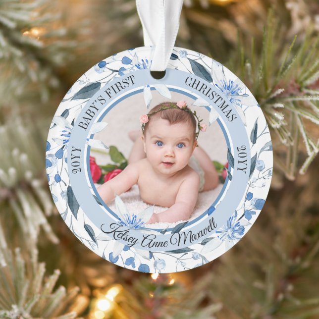Watercolor Floral Baby's First Christmas Photo Ornament (Tree)