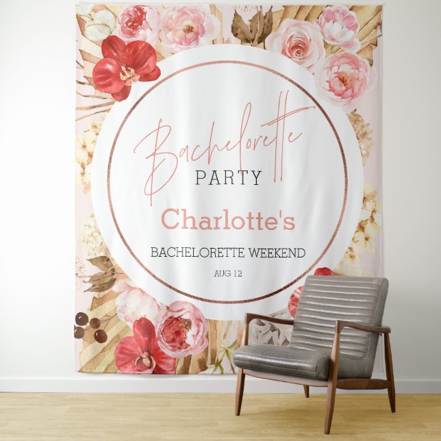 Watercolor Floral Bachelorette Party Backdrop Tapestry (In Situ)