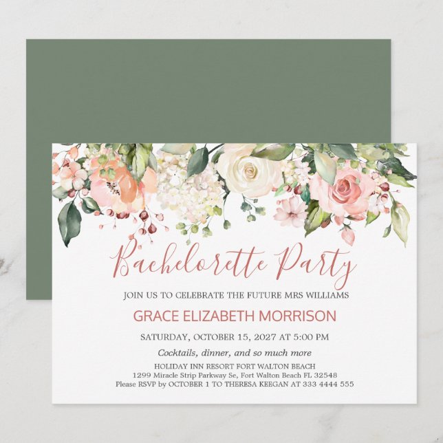 Watercolor floral Bachelorette Party Invitation (Front/Back)