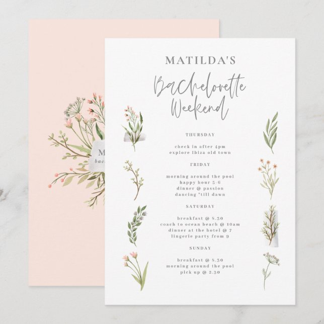 Watercolor floral bachelorette weekend itinerary (Front/Back)