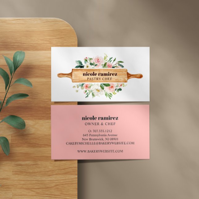 Watercolor Floral Bakery Rolling Pin Patisserie Business Card (Creator Uploaded)