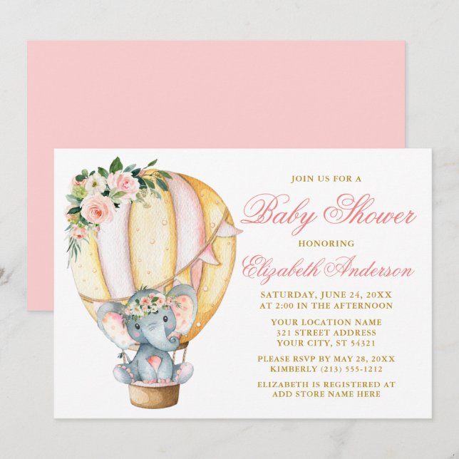 Watercolor Floral Balloon Elephant Baby Shower Invitation (Front/Back)