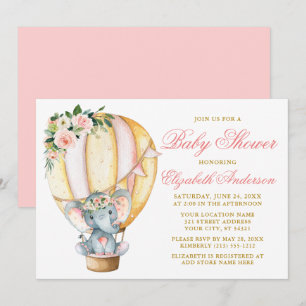Watercolor Floral Balloon Elephant Baby Shower Invitation