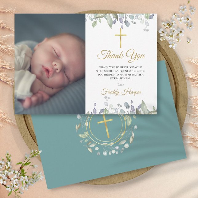 Watercolor Floral Baptism, Christening Photo Thank You Card (Watercolor Floral Baptism, Christening Photo Thank You Card)