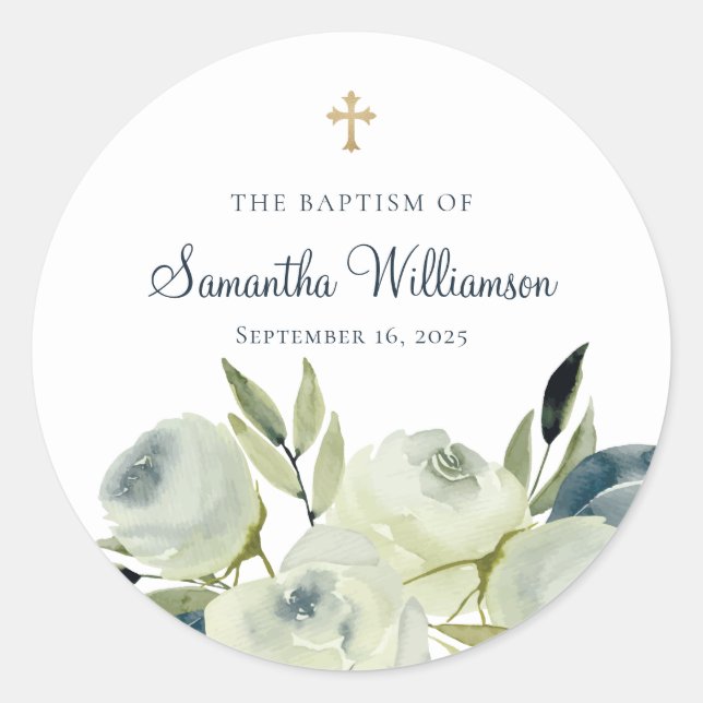 Watercolor Floral Baptism Classic Round Sticker (Front)