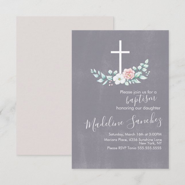 Watercolor Floral Baptism Cross Baby Dedication Invitation (Front/Back)