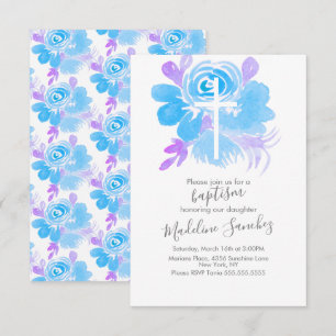 Watercolor Floral Baptism Cross Blue Invitation
