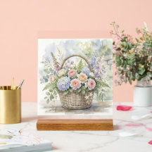 Watercolor Floral Basket with Roses and Hydrangeas
