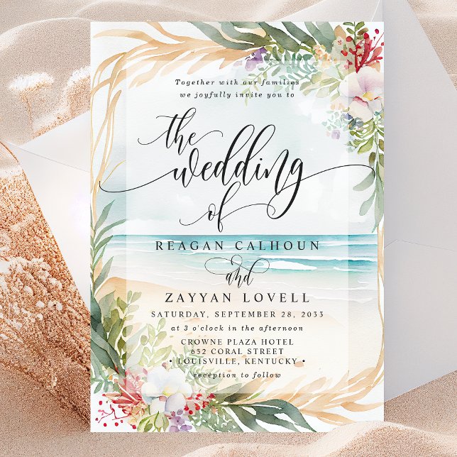 Watercolor Floral Beach Calligraphy Summer Wedding Invitation (Creator Uploaded)