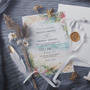 Watercolor Floral Beach Elegant QR Code Wedding Invitation