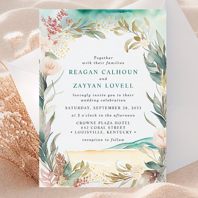 Watercolor Floral Beach Grass Wedding Invitation (Creator Uploaded)
