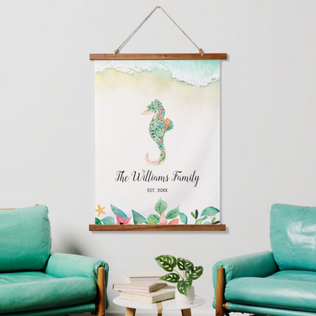 Watercolor Floral Beach Seahorse Personalized Hanging Tapestry (Living Room)