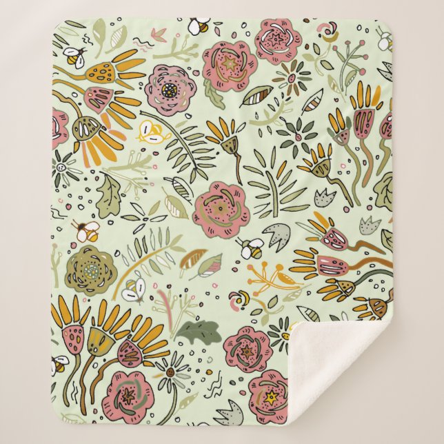 Watercolor Floral Bee Flowers Elegant Modern Sherpa Blanket (Front)
