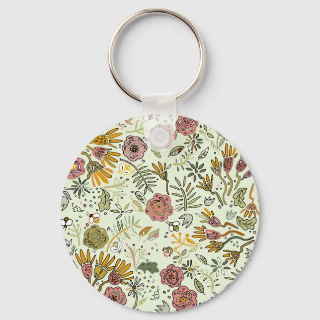 watercolor floral bee pattern flower design keychain (Front)