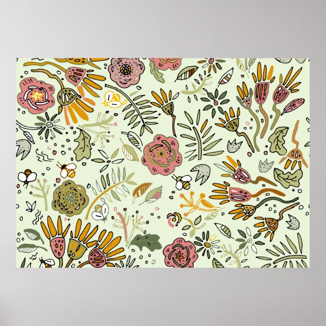 watercolor floral bee pattern flower design poster (Front)