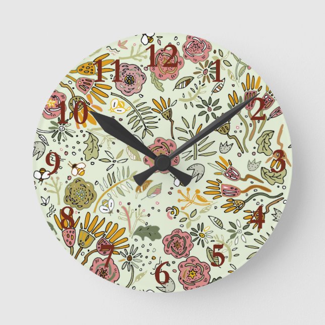 watercolor floral bee pattern flower design round clock (Front)