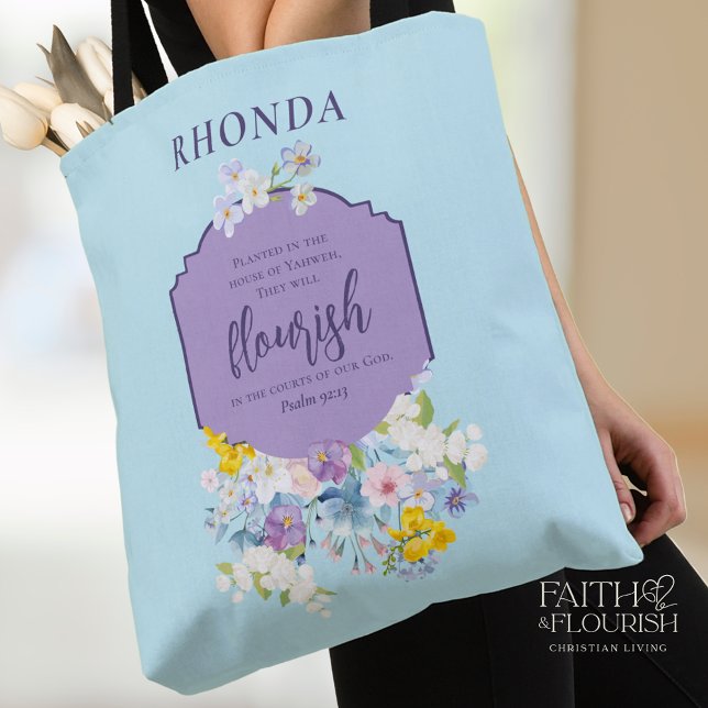Watercolor Floral Bible Verse Blue Personalized Tote Bag (Creator Uploaded)