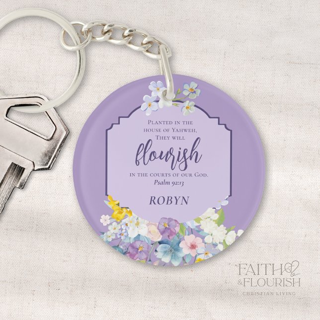 Watercolor Floral Bible Verse Purple Personalized Keychain (Creator Uploaded)