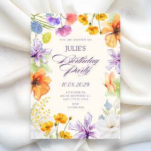 Watercolor floral birthday  invitation