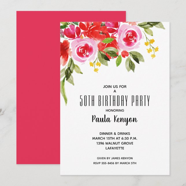 Watercolor Floral Birthday Party Invitation (Front/Back)